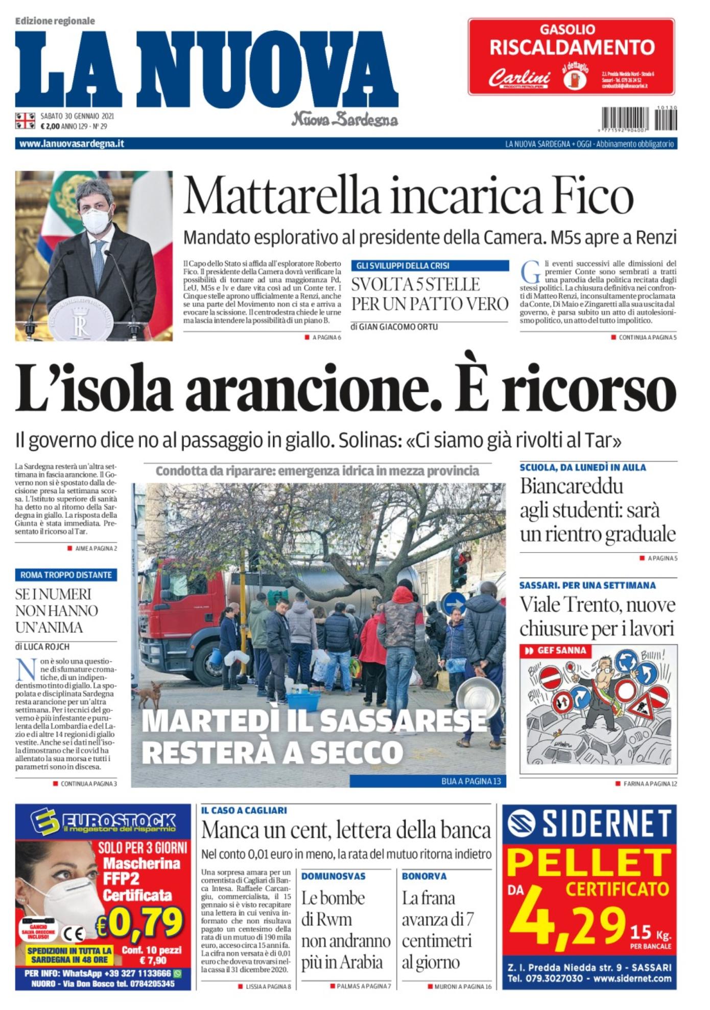 La Nuova Sardegna - Prima Pagina - 30 gennaio 2021