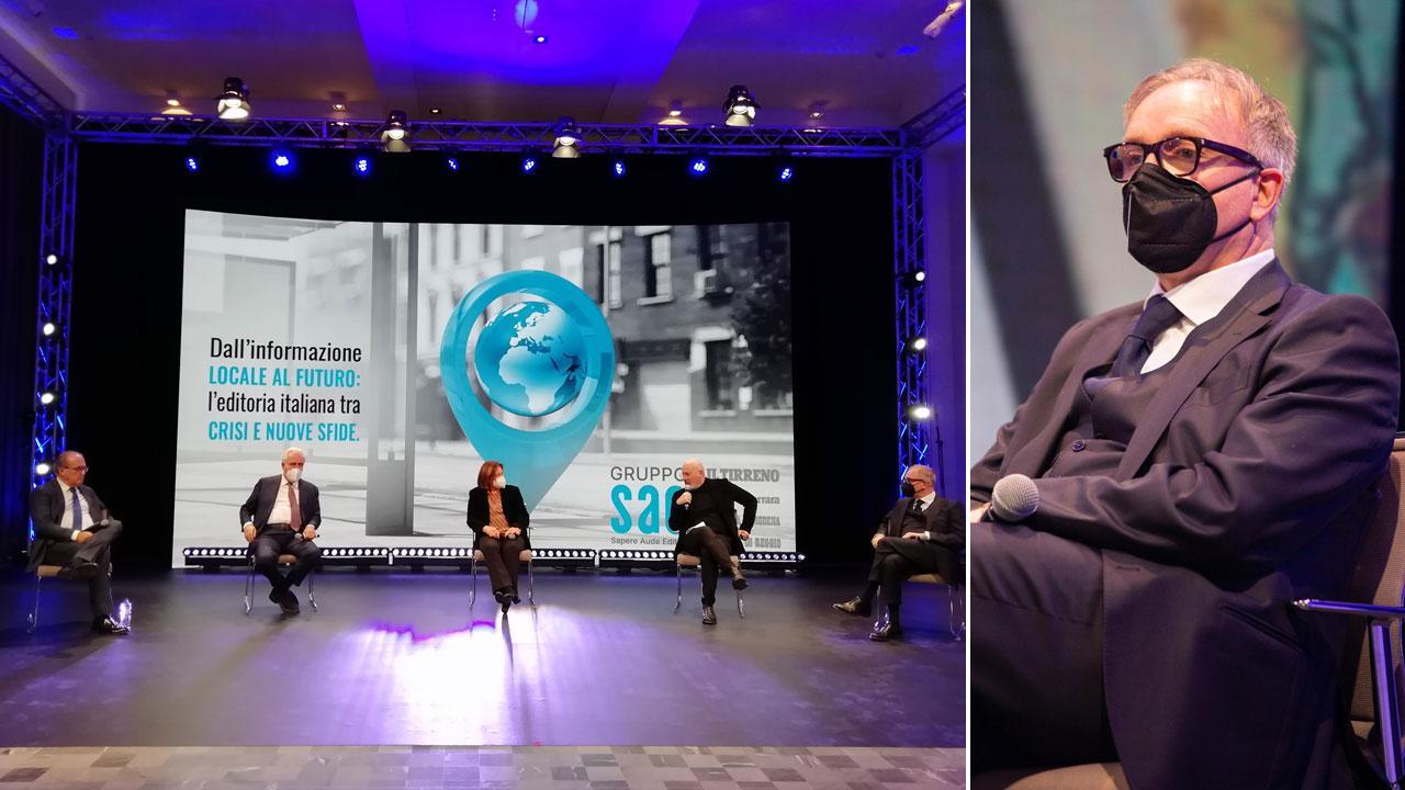 I protagonisti della tavola rotonda di ieri per la presentazione del Gruppo Sae: da sinistra, il direttore editoriale Stefano Tamburini, il presidente della Regione Toscana, Eugenio Giani, Lucia Annunziata, il presidente dell’Emilia-Romagna, Stefano Bonaccini, e il presidente e amministratore delegato, Alberto Leonardis, ritratto anche nella foto sulla destra