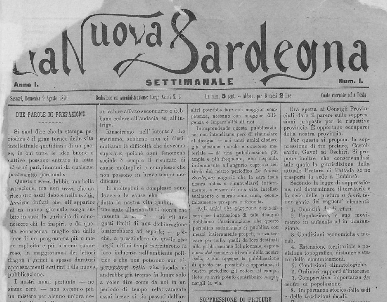 Domenica 9 agosto 1891 esce il primo numero della Nuova Sardegna