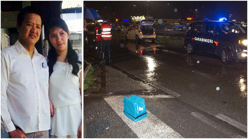 Romulo Sta Ana con la moglie Leanne Maniego e il luogo dell'incidente, sulla Camporcioni