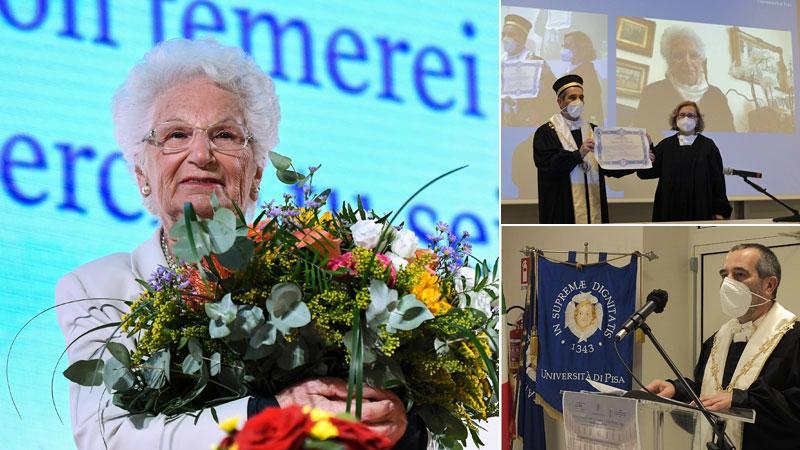 Un bel ritratto di Liliana Segre, a destra il rettore Paolo Maria Mancarella con la laurea honoris causa e durante il suo intervento