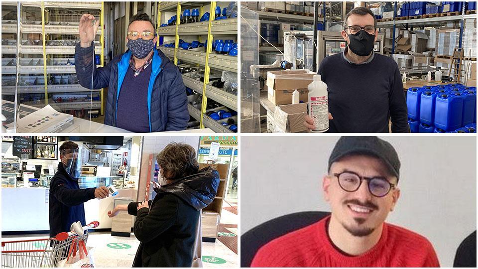 Andrea Giannini con una barriera di plexiglass, Michele Turini, direttore commerciale di Unira, Andrea Giua al lavoro e Alessandro Antonini
