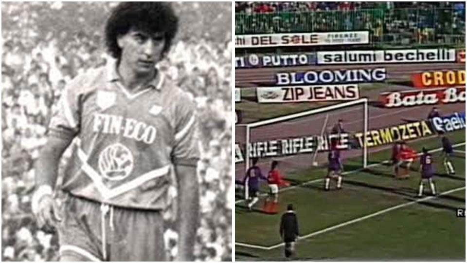 Giuliano Giorgi, difensore apuano, con la maglia del Brescia e un’immagine del match dell’8 febbraio 1987