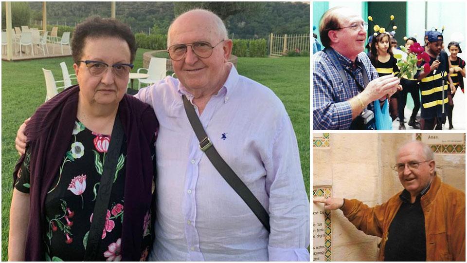 Giuseppe Vegni con la moglie e a destra durante i viaggi a Cuba e in Palestina