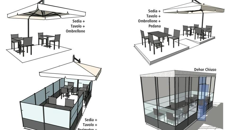 Immagini al computer di come dovranno essere realizzati ombrelloni e gazebo esterni sulla base del nuovo regolamento