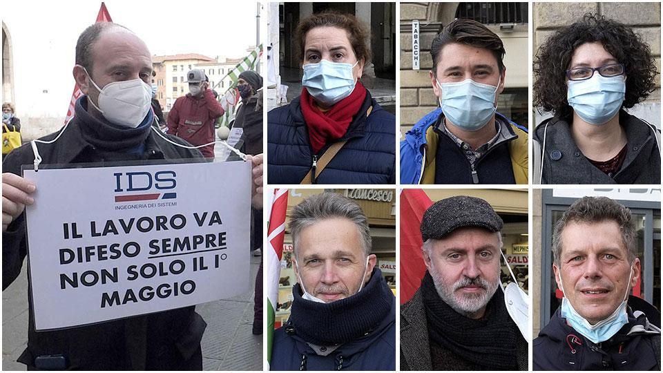 Qui sopra uno dei cartelli più significativi esposti dai lavoratori durante il presidio organizzato in piazza XX Settembre dalle organizzazioni sindacali in concomitanza con lo sciopero; in alto da sinistra Luigia Nuzzo, Tiziano Provinciali e Giulia Bernardini; sotto di loro sempre da sinistra Fabrizio Giuliani, Luca Pandolfo e Giovanni Alli