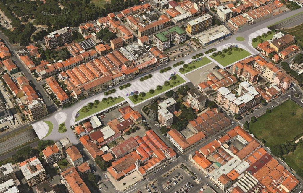 Il Soccorso visto dall’alto con un rendering del progetto del sottopasso della Declassata