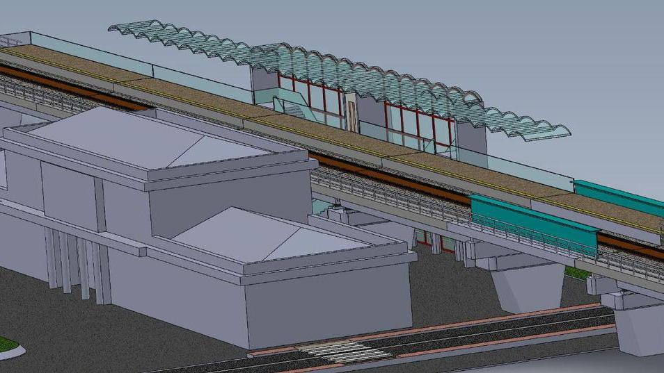 Una proiezione della stazione Montecatini Centro con il binario sopraelevato che gli passa accanto