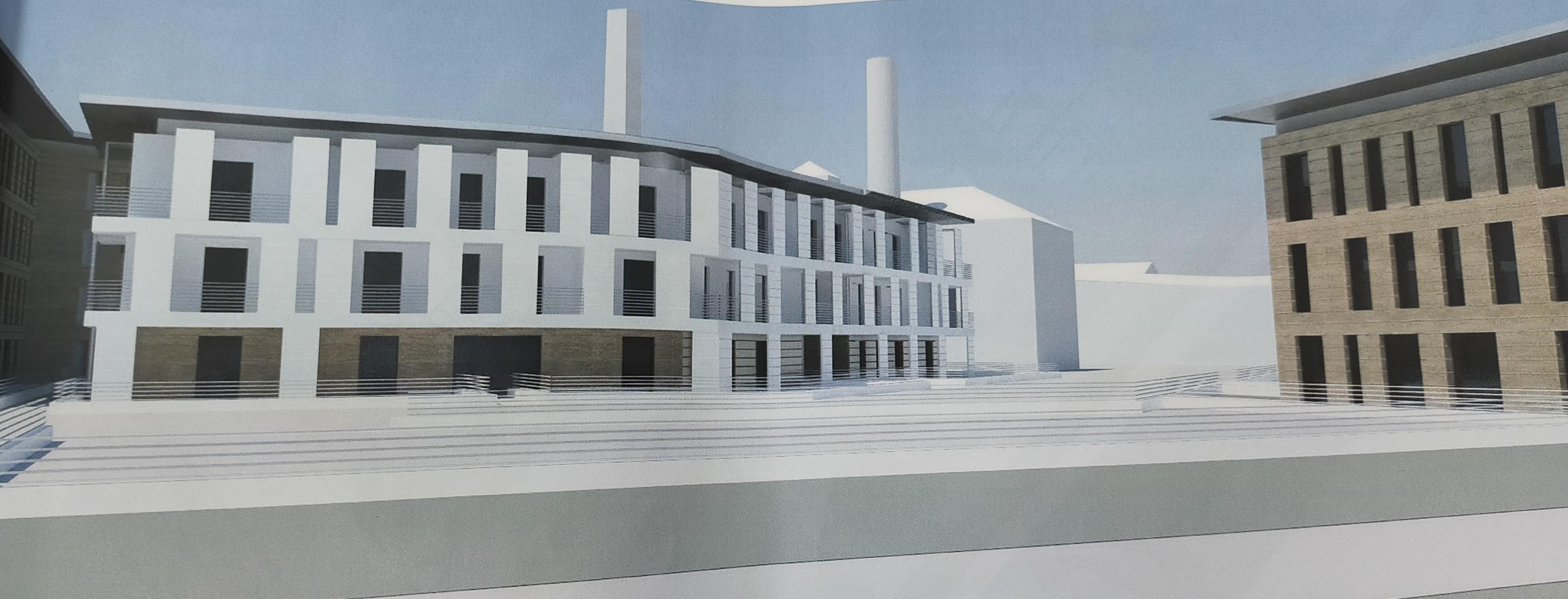un rendering di una parte dei fabbricati dove sorgeranno appartamenti e servizi