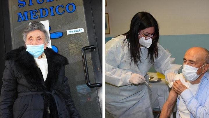 A sinistra la signora Eugenia, a destra il signor Cesare che riceve il vaccino dall'infermiera Erika Casavecchi (foto Agenzia Bf)