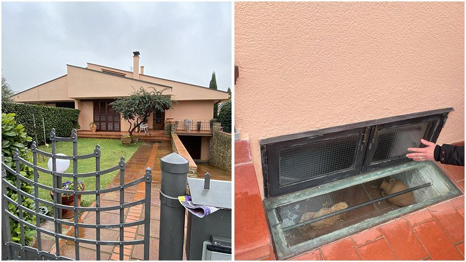 La villetta in zona stadio a Pontedera dove abita Giovanna Cristofani; a destra la finestrina da cui sono passati i malviventi