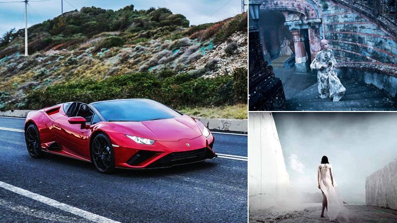 La Lamborghini Huracàn sulla costa livornese. Modelle al castello di Sammezzano nel corto per Dior. Sotto un fotogramma dello spot di Bulgari alle cave di Carrara