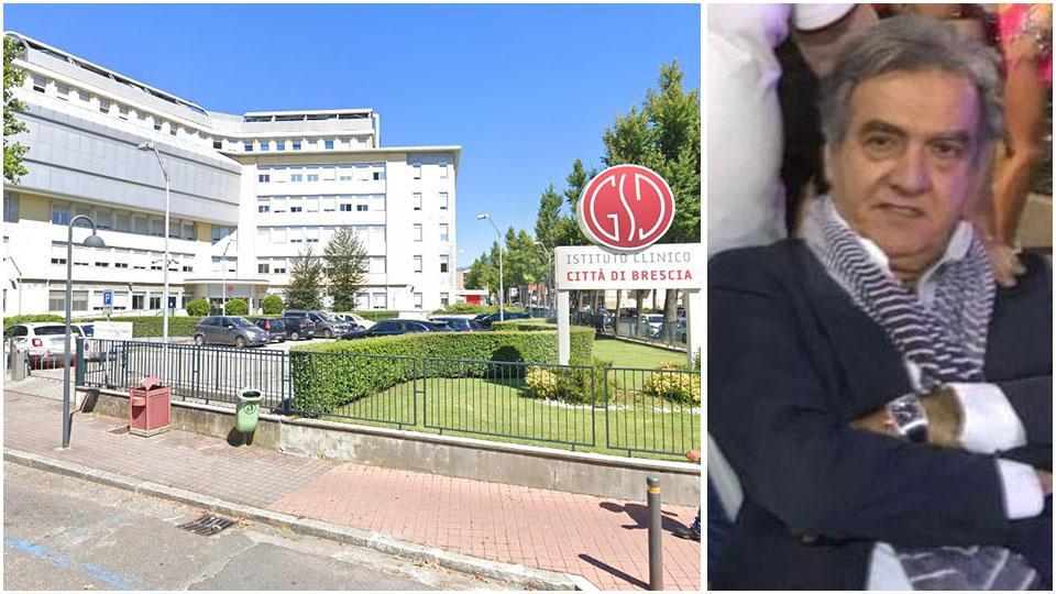 L’ingresso principale dell’istituto clinico Città di Brescia e, a destra, Alfredo Vincenti