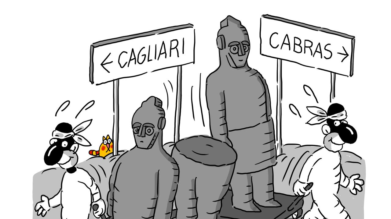 La vignetta di Gef - Il caso Giganti: da Cagliari due statue a Cabras durante il restauro