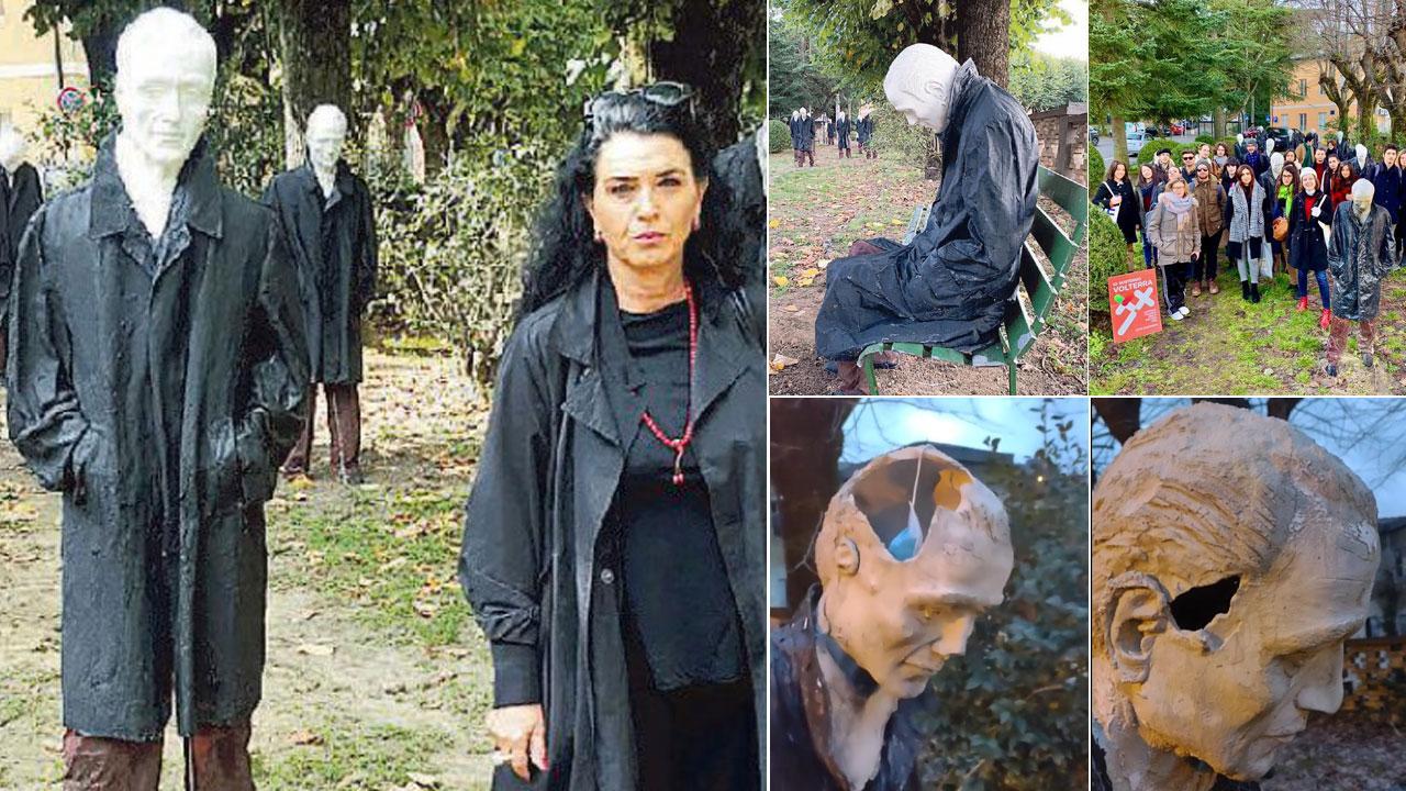 Cinzia De Felice durante la presentazione dell’installazione nell’ottobre 2019, a destra il gruppo di ragazzi che ha partecipato ai laboratori per “Volterra capitale italiana della cultura” con una delle opere in gesso, le  immagini tratte dal video su Facebook in cui si vedono i danni provocati dai vandali sui manichini