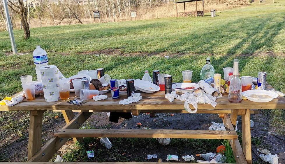 Bivaccano ai laghetti e lasciano i resti di cibo sul tavolo del parco