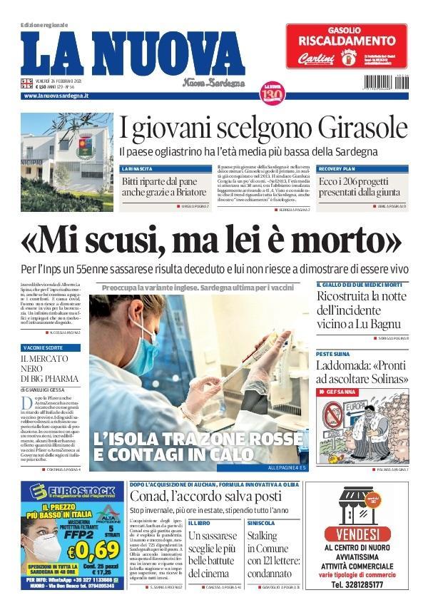 La Nuova Sardegna - Prima Pagina - 26 febbraio 2021