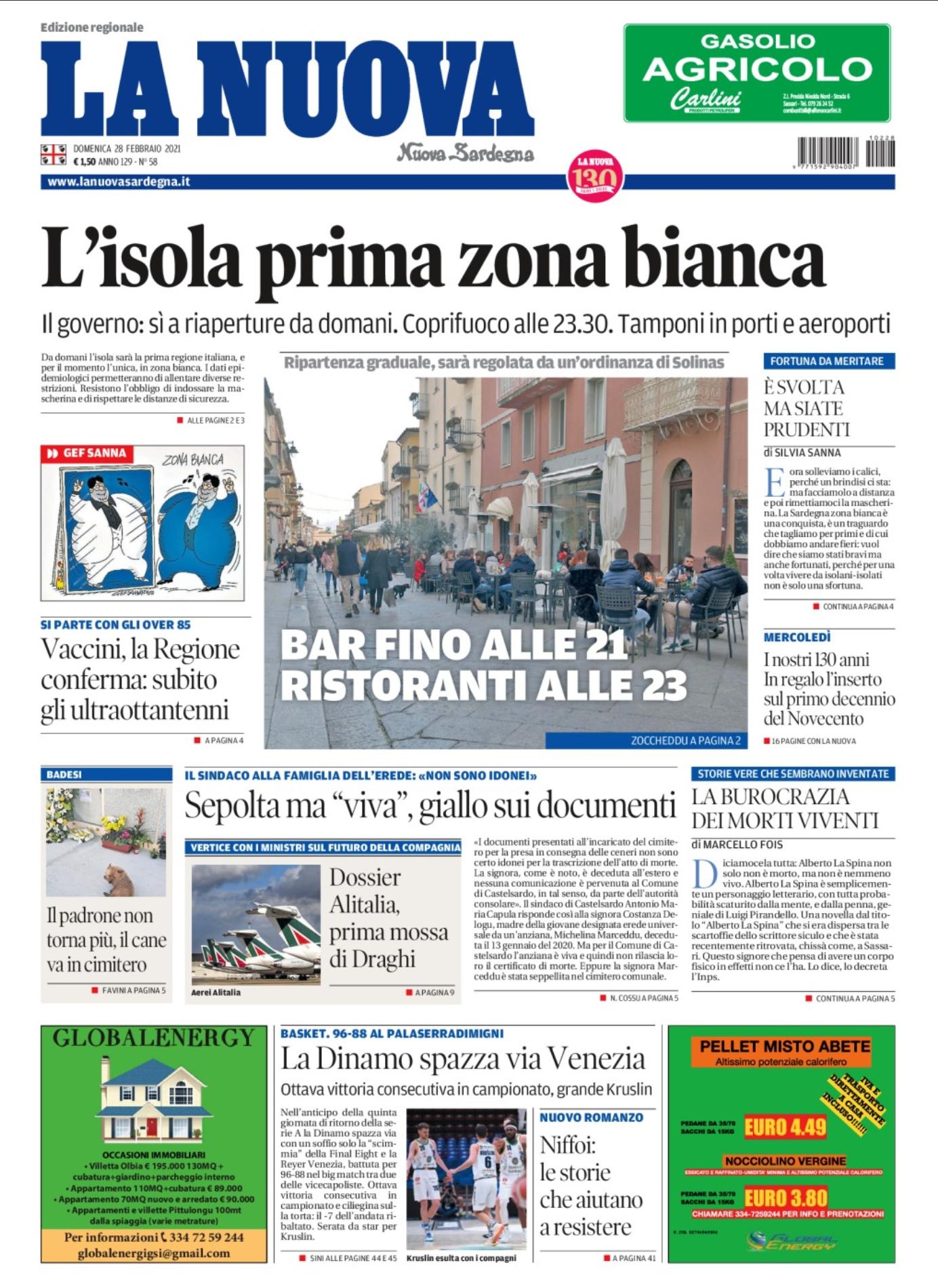 La Nuova Sardegna - Prima Pagina - 28 febbraio 2021