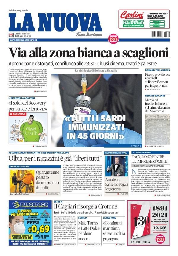 La Nuova Sardegna - Prima Pagina - 1 marzo 2021