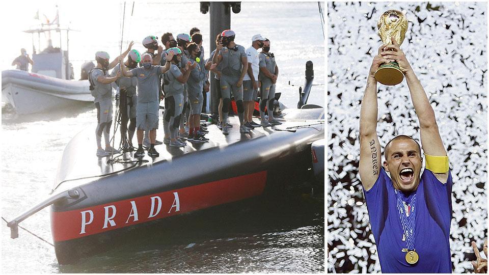 Luna Rossa e Cannavaro con la Coppa del Mondo