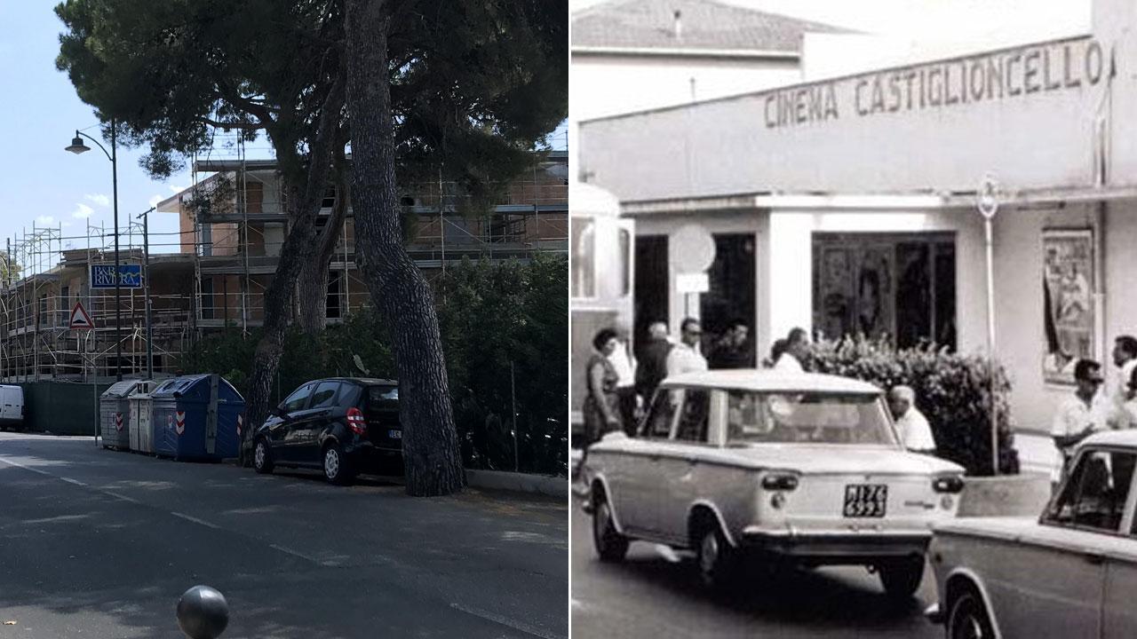 A sinistra lo scheletro dell’ex cinema sulla via Aurelia dopo l’interruzione del cantiere. A destra una foto storica dell’ingresso del cinema Castiglioncello negli anni Settanta
