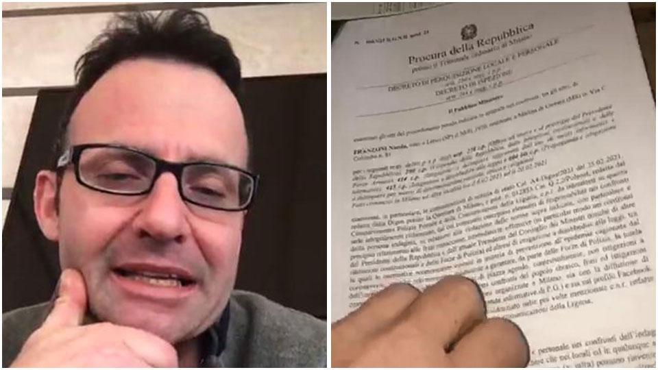 Nicola Franzoni durante la diretta facebook di ieri e mentre mostra l’ordine di perquisizione