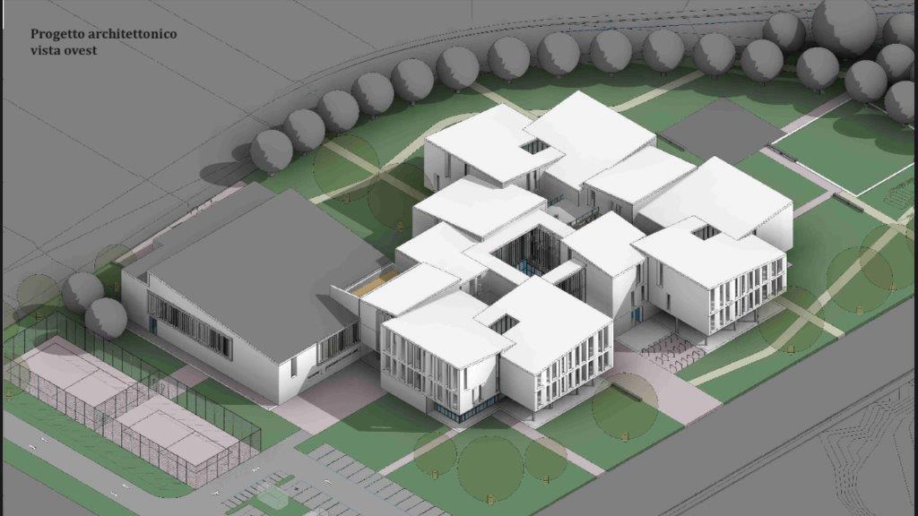 Il rendering del progetto del polo scolastico da realizzare all’interno del Parco centrale
