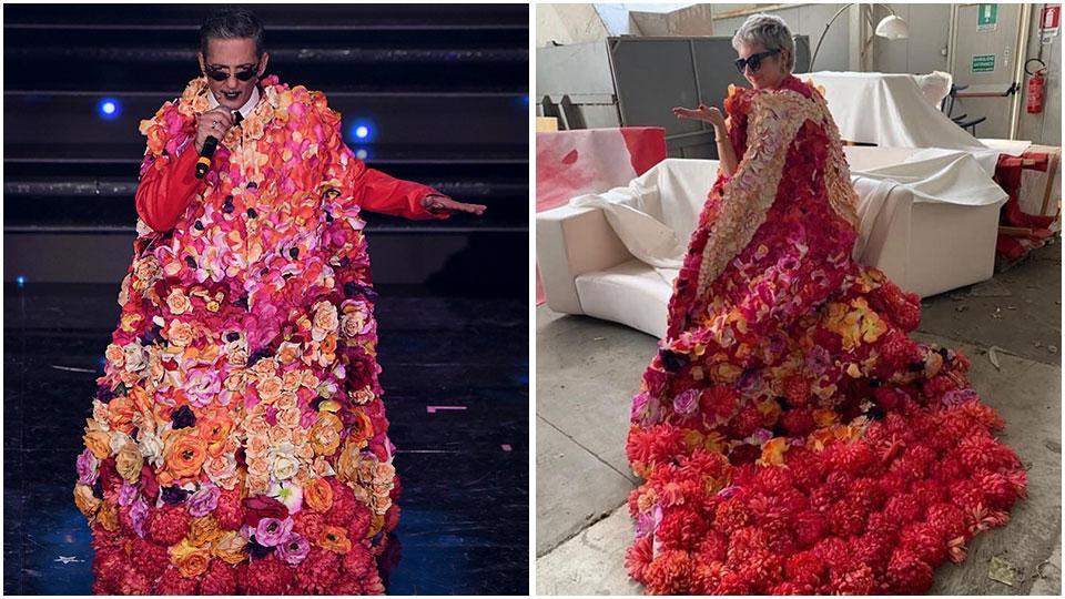 Sanremo, il mantello glam di Fiorello realizzato da una toscana con materiali di riciclo 