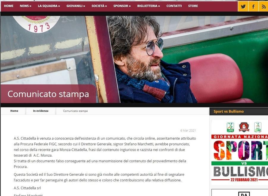 «Razzismo, squalificato il Dg del Cittadella» ma è solo una fake news