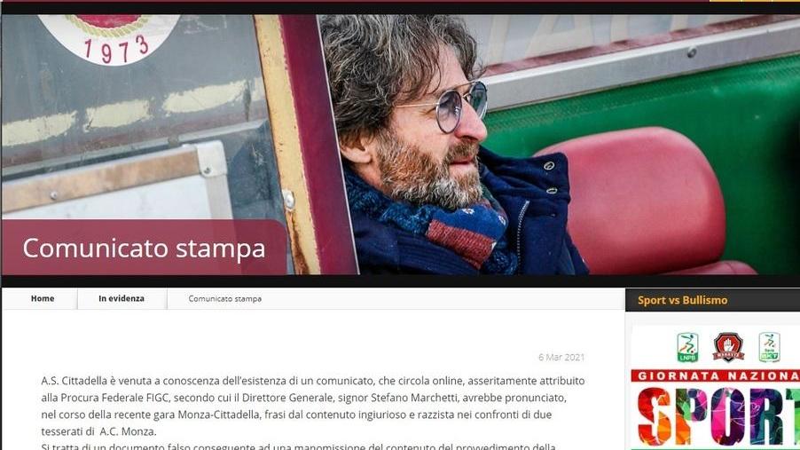 «Razzismo, squalificato il Dg del Cittadella» ma è solo una fake news