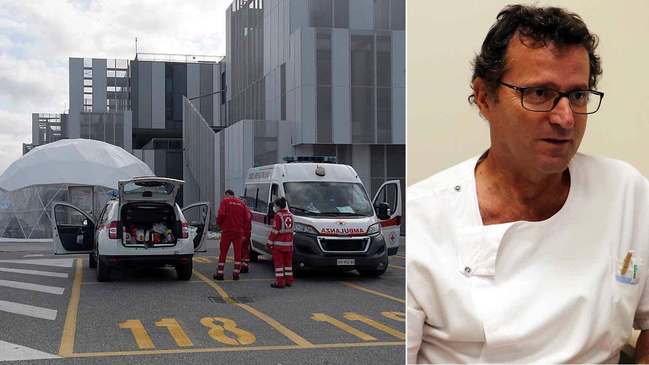 Nella foto grande l’esterno del pronto soccorso dell’ospedale del Noa con la tenda del pre triage a fianco il coordinatore Cgil Sanità Valerio Musetti fa il punto su tutte le criticità della radiologia nell’area di costa e in Lunigiana