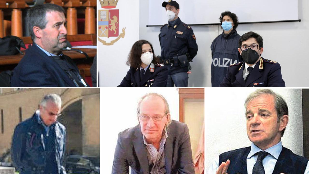 Nella foto a sinistra Marco Nencioni, il funzionario dell’ufficio patrimonio del Comune di Livorno arrestato ieri mattina con l’accusa di corruzione. A destra la comandante della polizia municipale Annalisa Maritan e il capo della squadra mobile Giuseppe Lodeserto. In basso da sinistra Alessio Cristiglio, Stefano Salvadorini, Alberto Ricci.