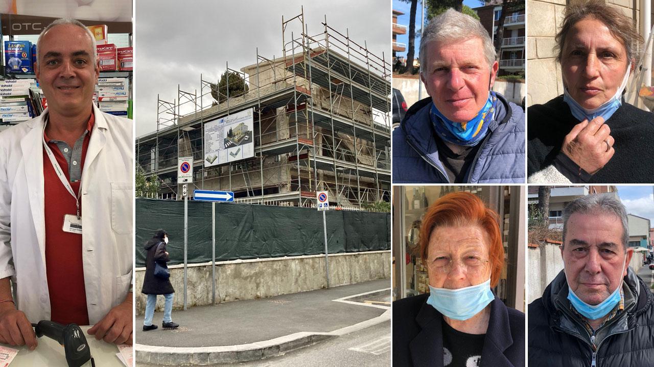 A sinistra il farmacista Federici Frullano, al centro il distretto di Ardenza in ristrutturazione e per ordine da in alto a sinistra Carlo Ferri, Franca Mancino, Mirella Martinelli, Giampiero Bardino