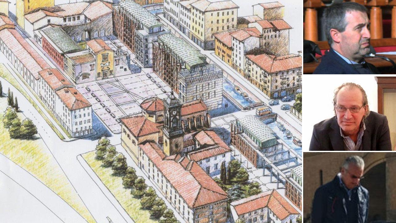 In ordine: Marco Nencioni, funzionario del Comune, Stefano Salvadorini, presidente di Consabit, l’agente immobiliare Alessio Critiglio. Nella foto grande il progetto in Venezia