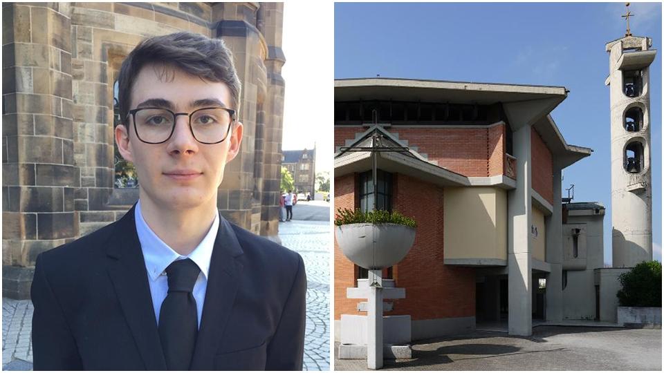 Leopoldo Thomas Tragni e, a destra, la chiesa del Bambin Gesù dove ci saranno i funerali