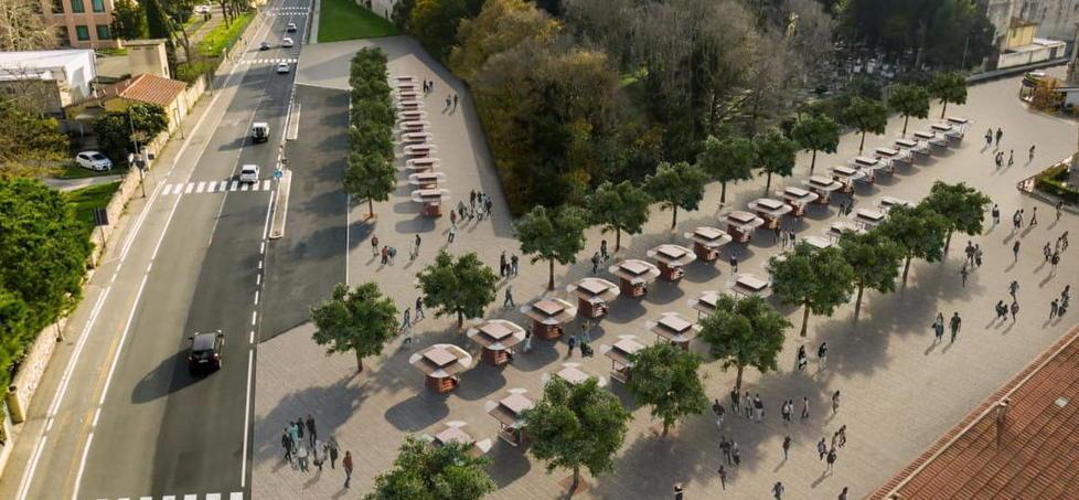 Il rendering che mostra come il Comune intende sistemare una parte delle bancarelle in zona via Contessa Matilde - Largo Cocco Griffi