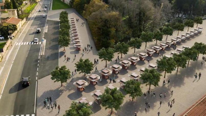 Il rendering che mostra come il Comune intende sistemare una parte delle bancarelle in zona via Contessa Matilde - Largo Cocco Griffi