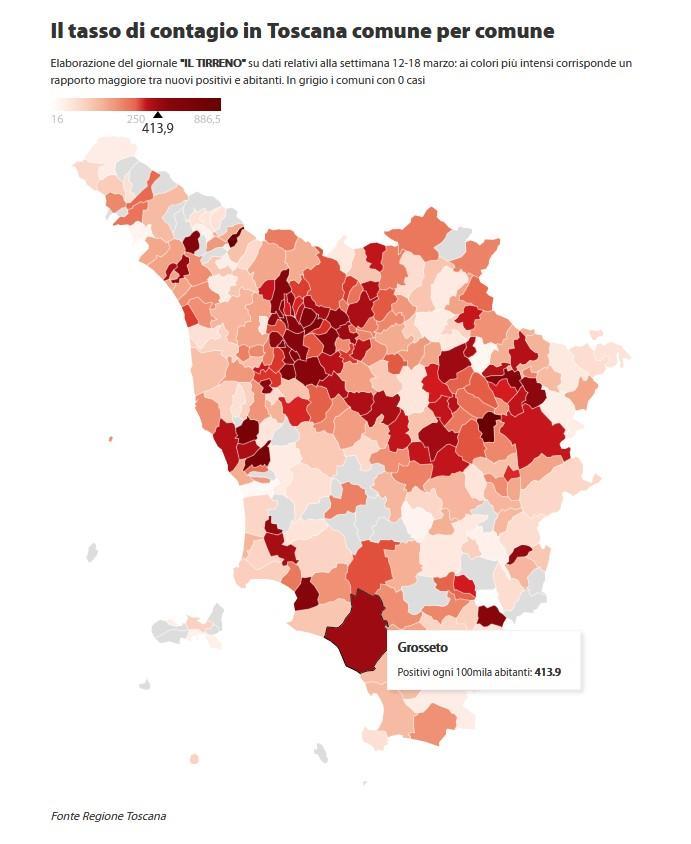 La nuova mappa: in un giorno Grosseto passa da 393,1 a 413,9