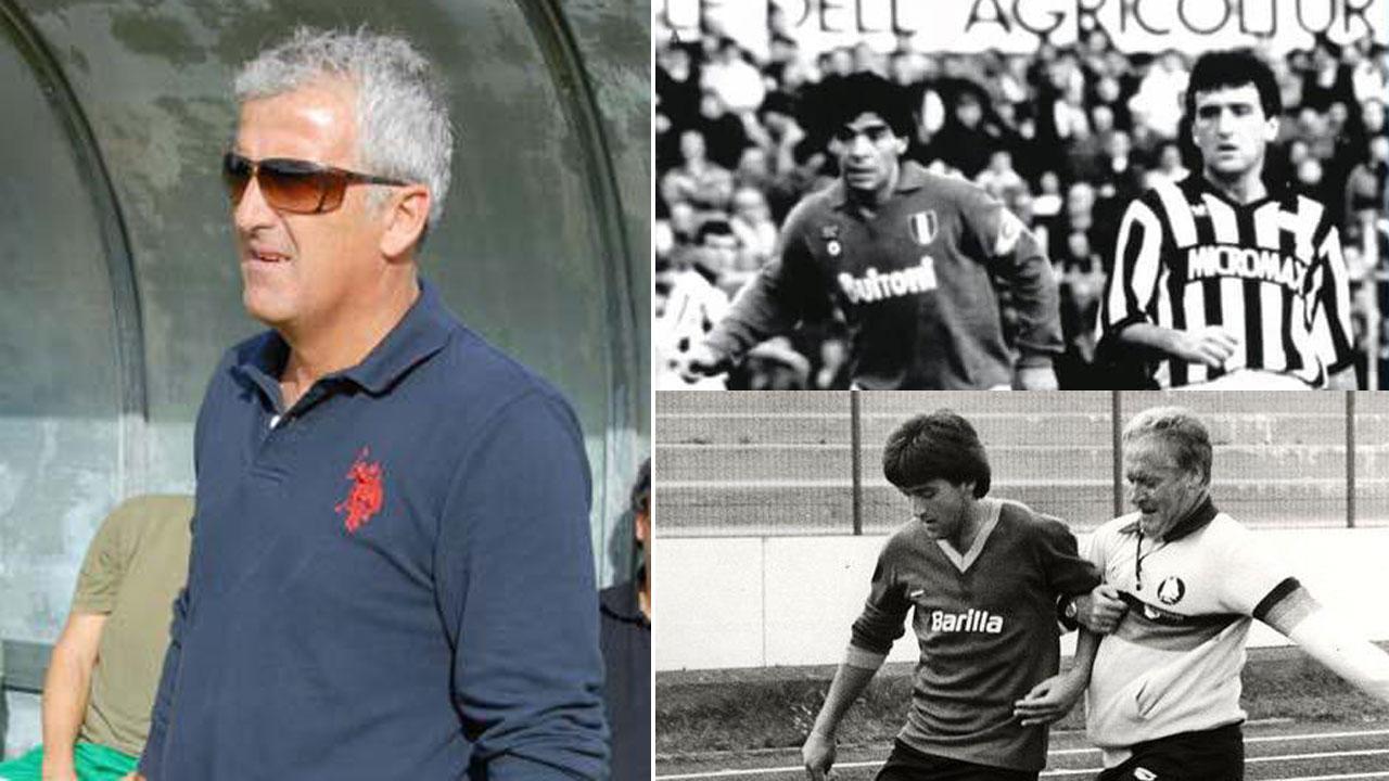Paolo Giovannelli oggi, nella foto a destra con la maglia dell’Ascoli affronta il Napoli di Maradona e in basso Giovannelli col maestro Liedholm