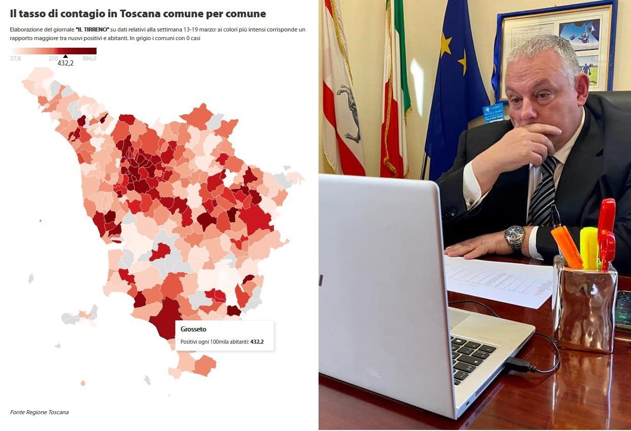 A sinistra la mappa della Toscana con il dettaglio della zona rossa a Grosseto, a destra il sindaco di Grosseto Antonfrancesco Vivarelli Colonna