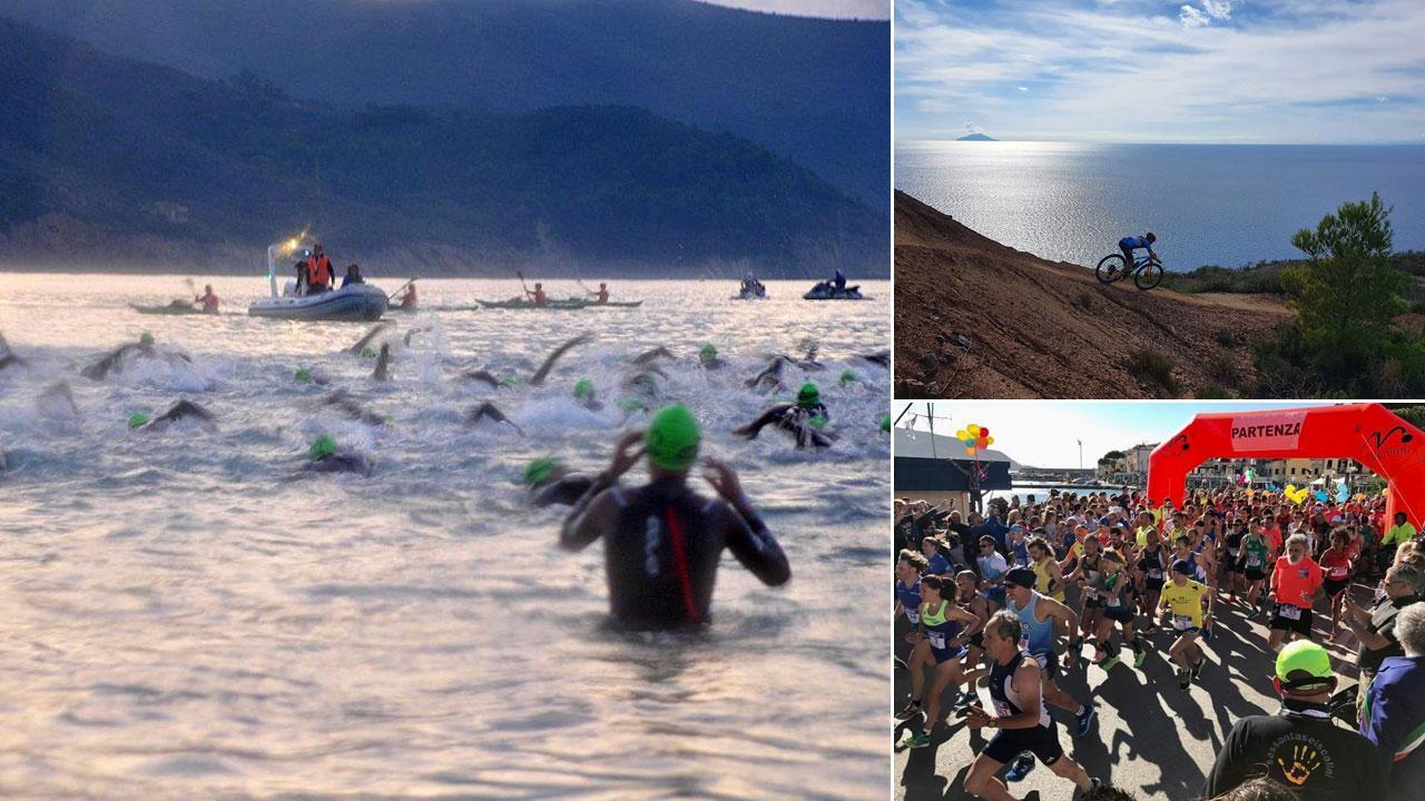 Una spettacolare immagine della gara di nuoto della manifestazione Elbaman, a destra in alto un concorrente in una gara di mountain bike della cui disciplina sportiva a ottobre sull’Isola si disputeranno i campionati mondiali, e sotto la maratona dell’Elba, altro evento di richiamo e che registra sempre una grande partecipazione
