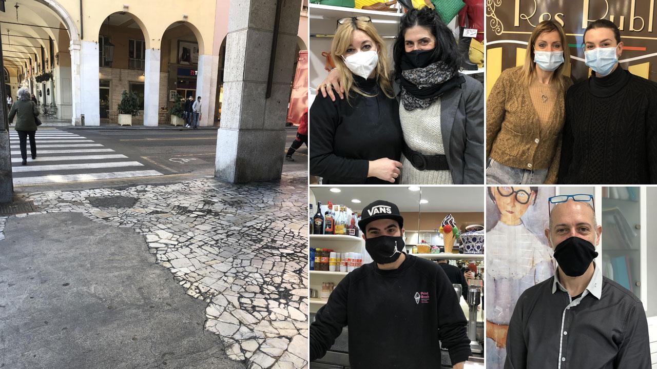 Nella foto grande i portici di via Grande: un tratto di pavimentazione rattoppata, nelle foto di lato a sinistra Tiziana Vezzosi e Cinzia De Paola, a destra Ylenia Rocca e Erica Dell’Aquila, in basso a sinistra Federico Pascale e Daniele Palandri