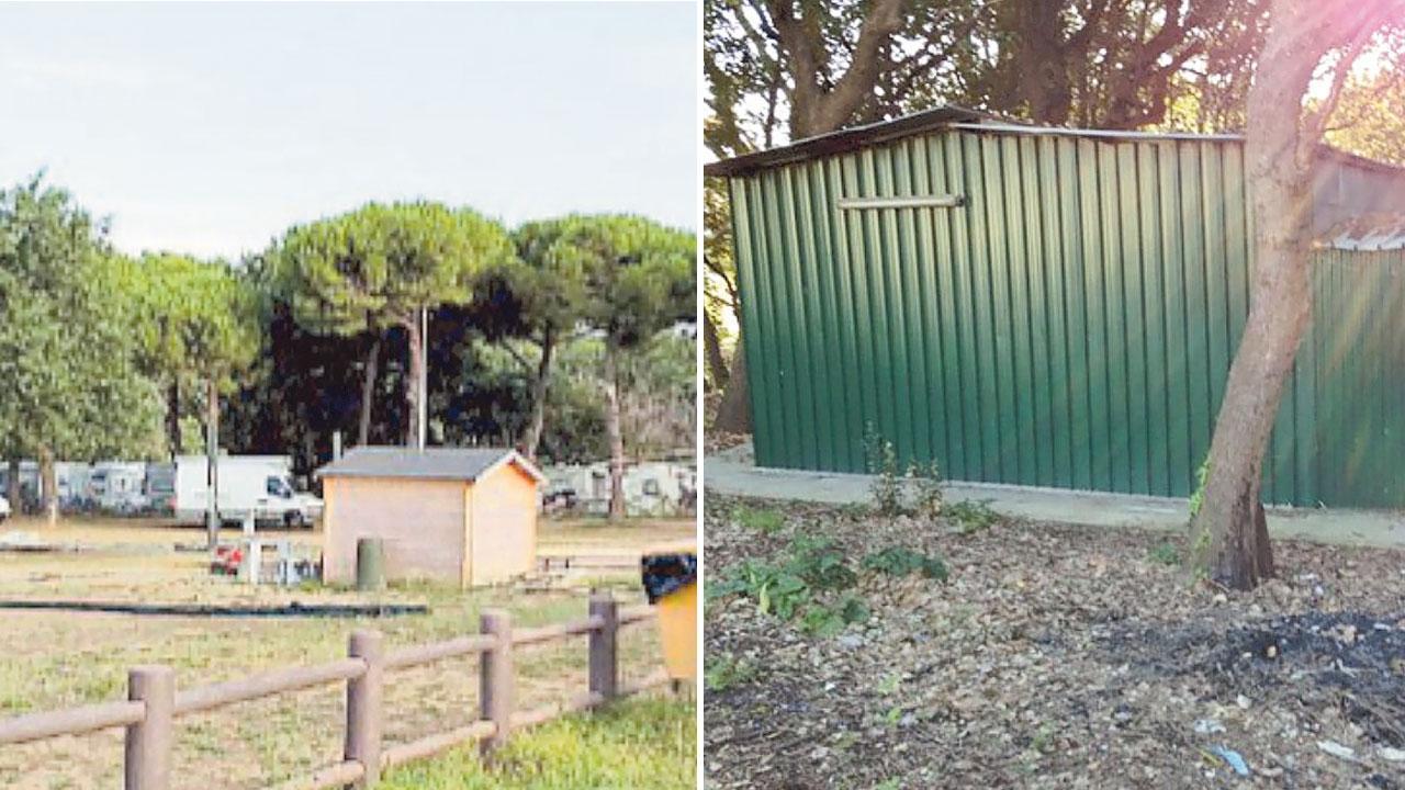 A sinistra un casotto di legno nel prato dell’area feste comunale di San Vincenzo e a destra una delle strutture in lamiera montate all’interno del bosco