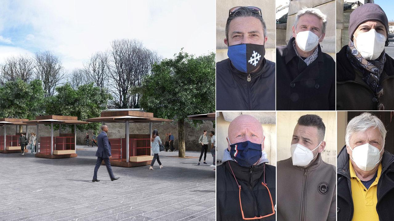 Nella foto a sinistra la simulazione della disposizione dei banchi lungo via Contessa Matilde, a destra partendo dalla sinistra Gianmarco Boni, Luigi Micheletti, Stefano Perini, sotto a sinistra Luca Rossi, Michele Puschi e Franco Manetti