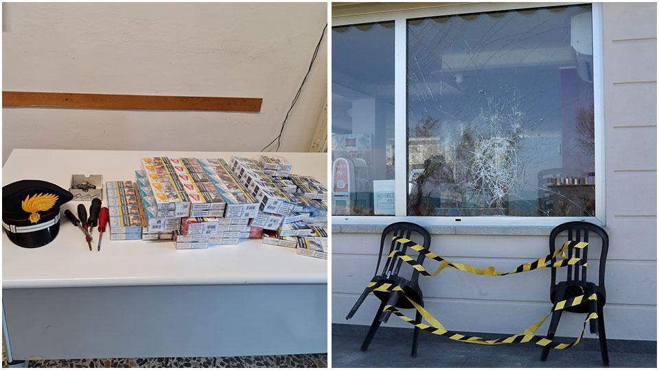 Le stecche di sigarette sequestrate dai carabinieri di Castiglioncello insieme ai cacciavite e ai bulloni e la spaccata alla Baracchina Nicla, dove è intervenuta la polizia