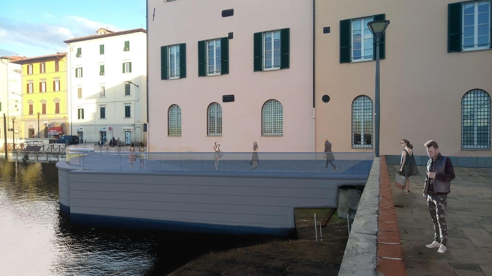 L’elaborato grafico che mostra come sarà la passerella pedonale che invece collegherà gli scali Novi Lena e Porta a Mare, sul retro del Palazzo Orlando