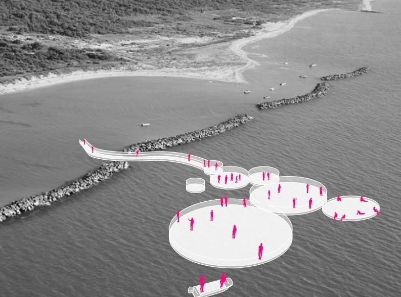 I rendering del Masterplan: le isole galleggianti davanti alla villa del Gombo