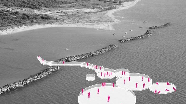 I rendering del Masterplan: le isole galleggianti davanti alla villa del Gombo