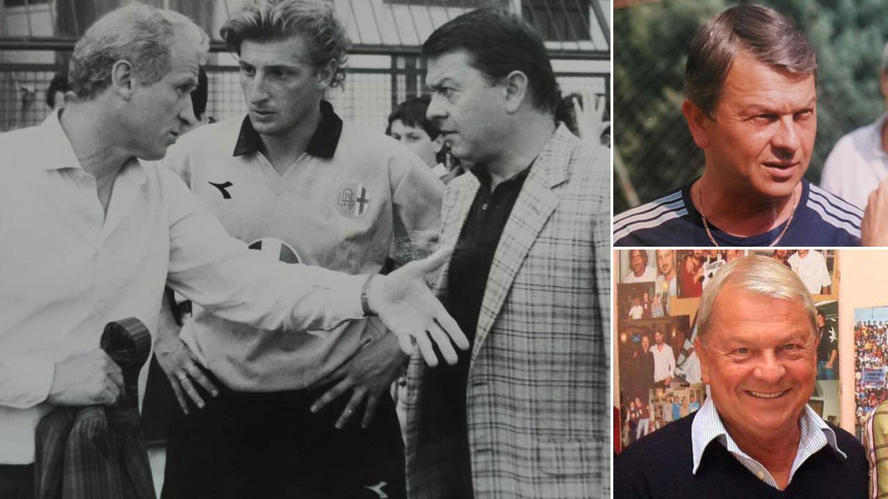 Renzo Melani (a destra) con Giovanni Trapattoni, una collaborazione diventata amicizia. I due tecnici hanno lavorato insiemeai tempi della Fiorentina e passavano insieme le ore libere.Accanto due imagini di Melani negli anni Ottanta e in una recente foto.