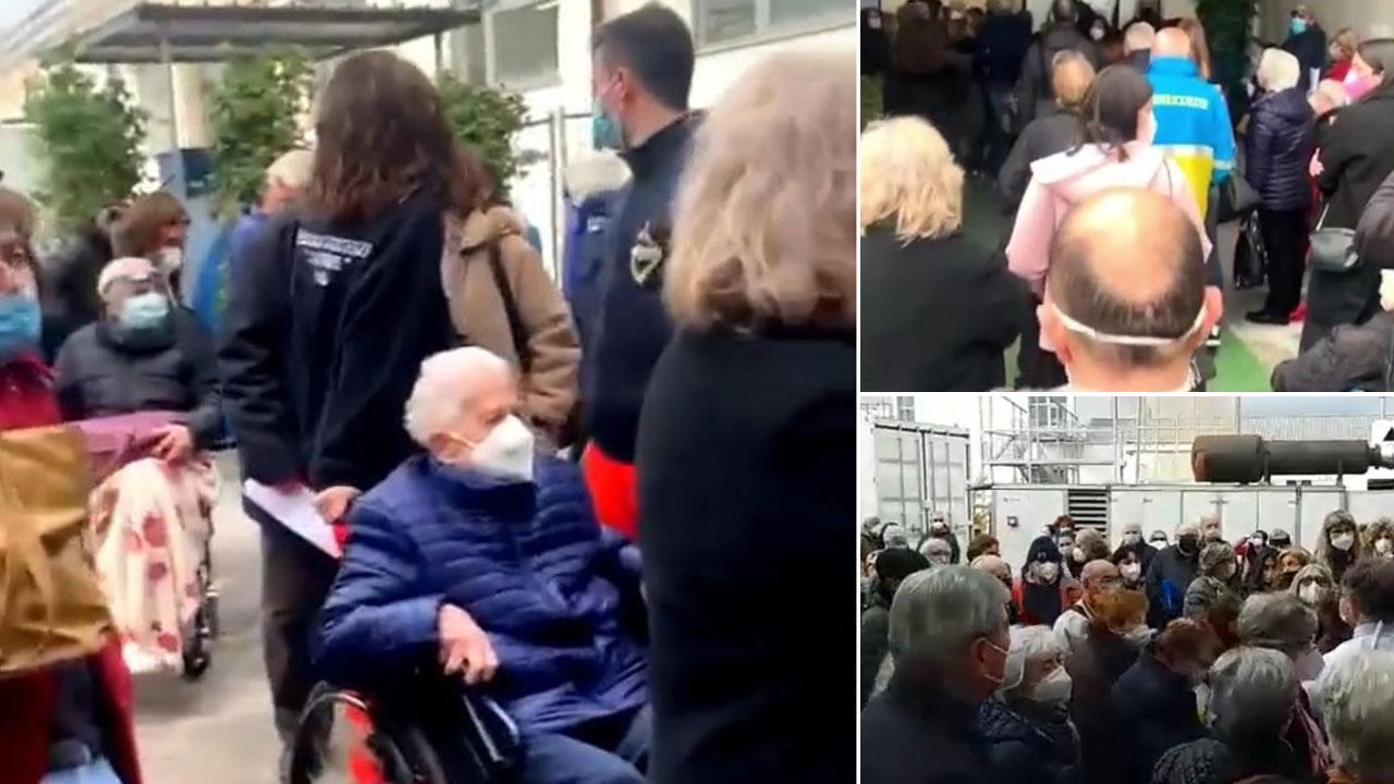 Tre momenti del caos di ieri pomeriggio, venerdì 26 marzo, al centro vaccinazione di Prato